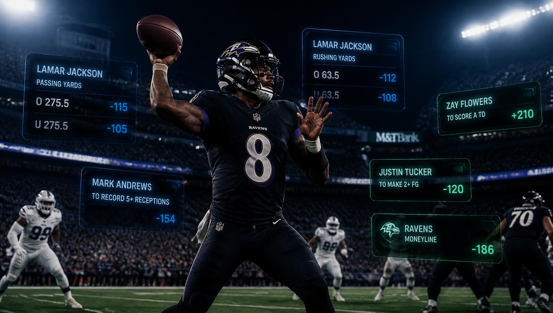 NFL stadium at night with floating sportsbook odds